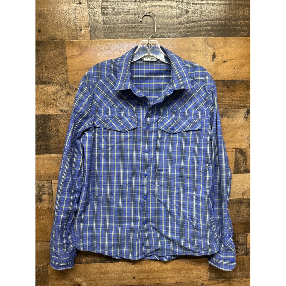 Stio Mens Long Sleeve Snap Front Plaid Shirt Blue Yellow Outdoor Hiking Small